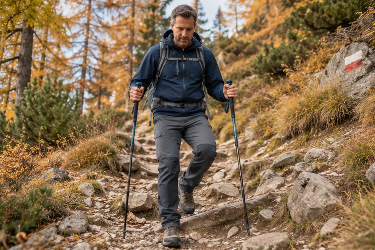 Wanderer mit zwei Trekkingstöcken steigt konzentriert einen felsigen, trockenen Abschnitt hinab
