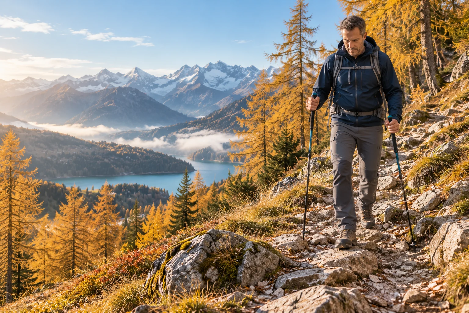 Illustration: Wanderer geht mit Stöcken einen herbstlichen Bergweg hinab
