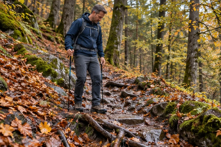 Wanderer inspiziert nasses Laub und Wurzeln an einem herbstlichen Waldweg