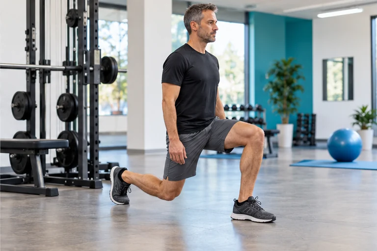 Illustration: Sportler demonstriert einen Split Squat mit stabiler Beinachse im hellen Fitnessstudio