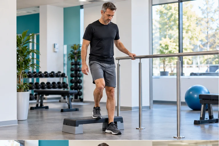 Illustration: Sportler führt einen Step-down an niedriger Stufe mit Hand am festen Geländer aus