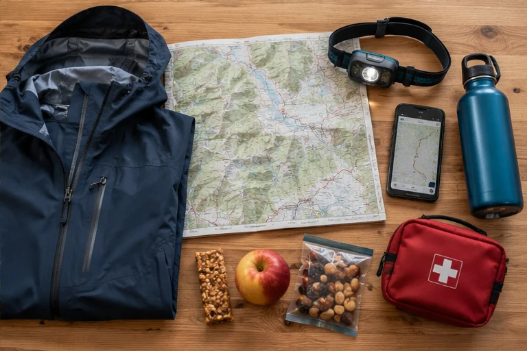 Ausgelegte Wanderausrüstung mit Karte, Regenjacke, Stirnlampe, Wasser, Erste-Hilfe-Tasche und Verpflegung