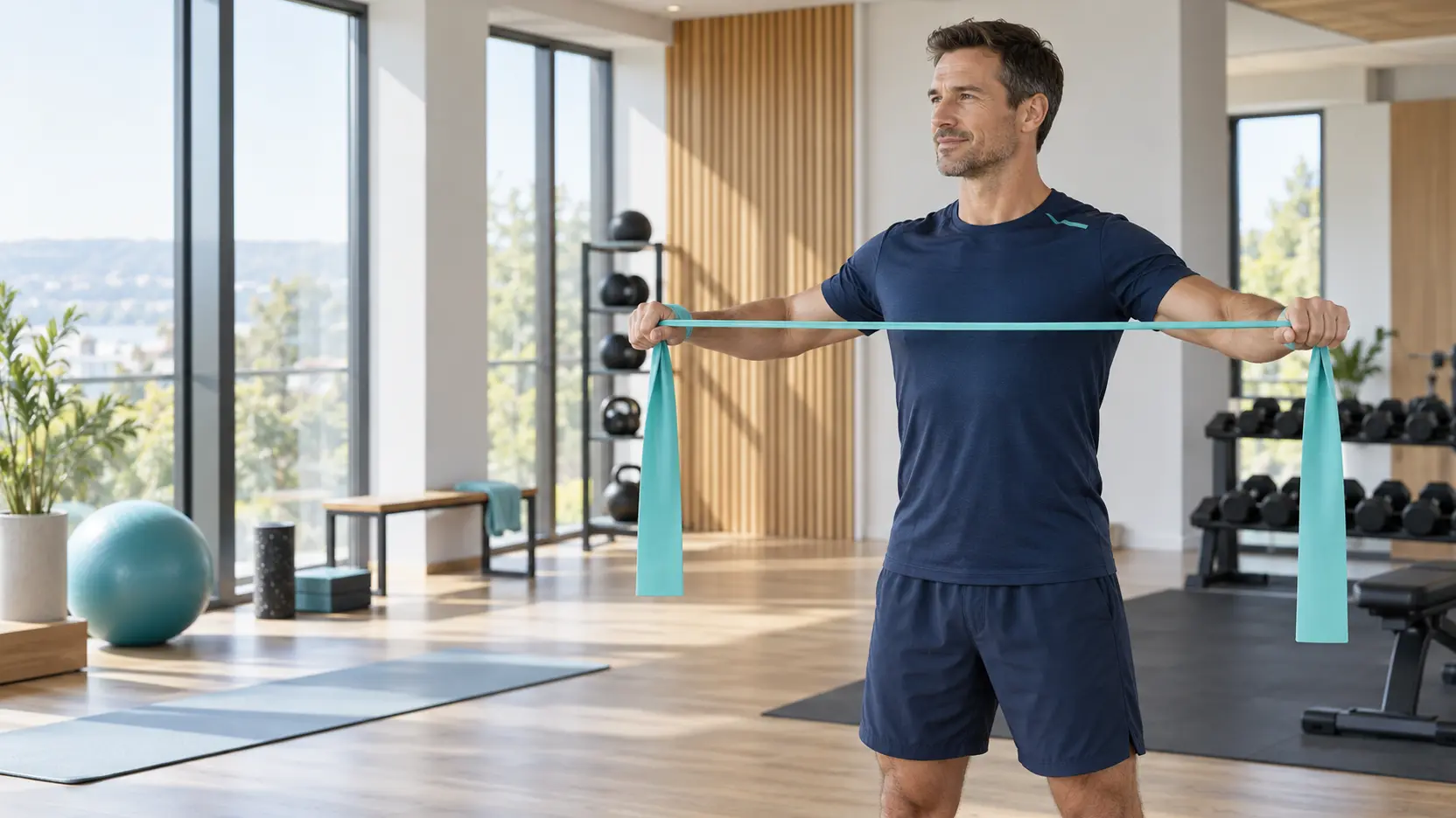 Sportlicher Mann bereitet seine Schultern mit einem leichten Widerstandsband in einem hellen Fitnessstudio vor