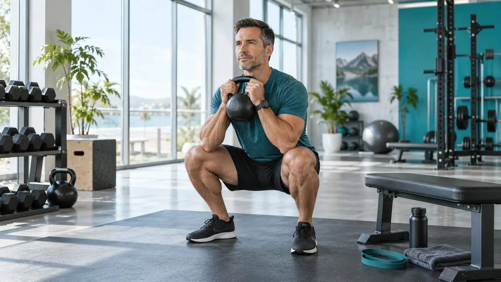 Sportlicher Mann führt eine kontrollierte Goblet-Kniebeuge mit einer Kettlebell aus