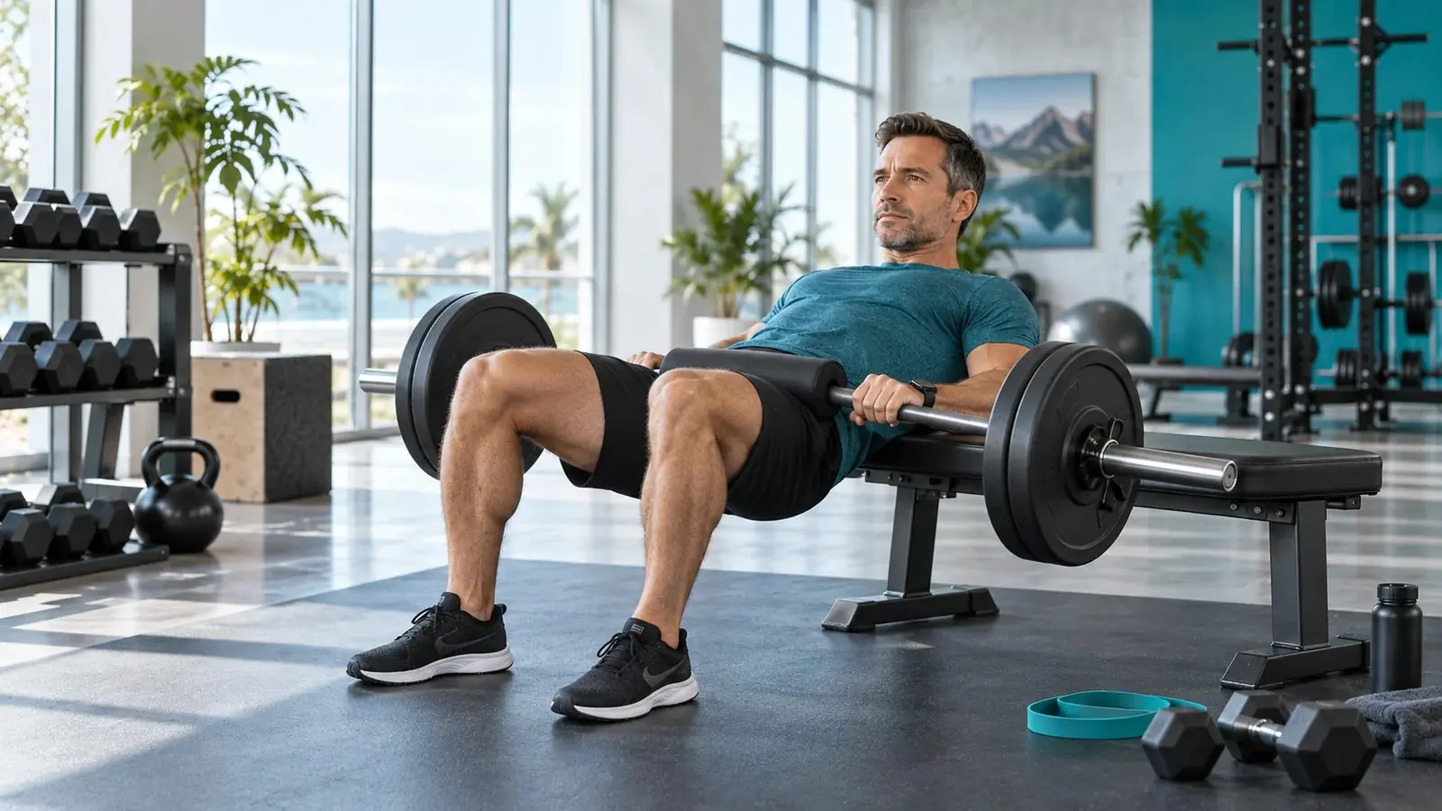 Sportlicher Mann führt einen Hip Thrust mit Langhantel an einer stabilen Bank aus