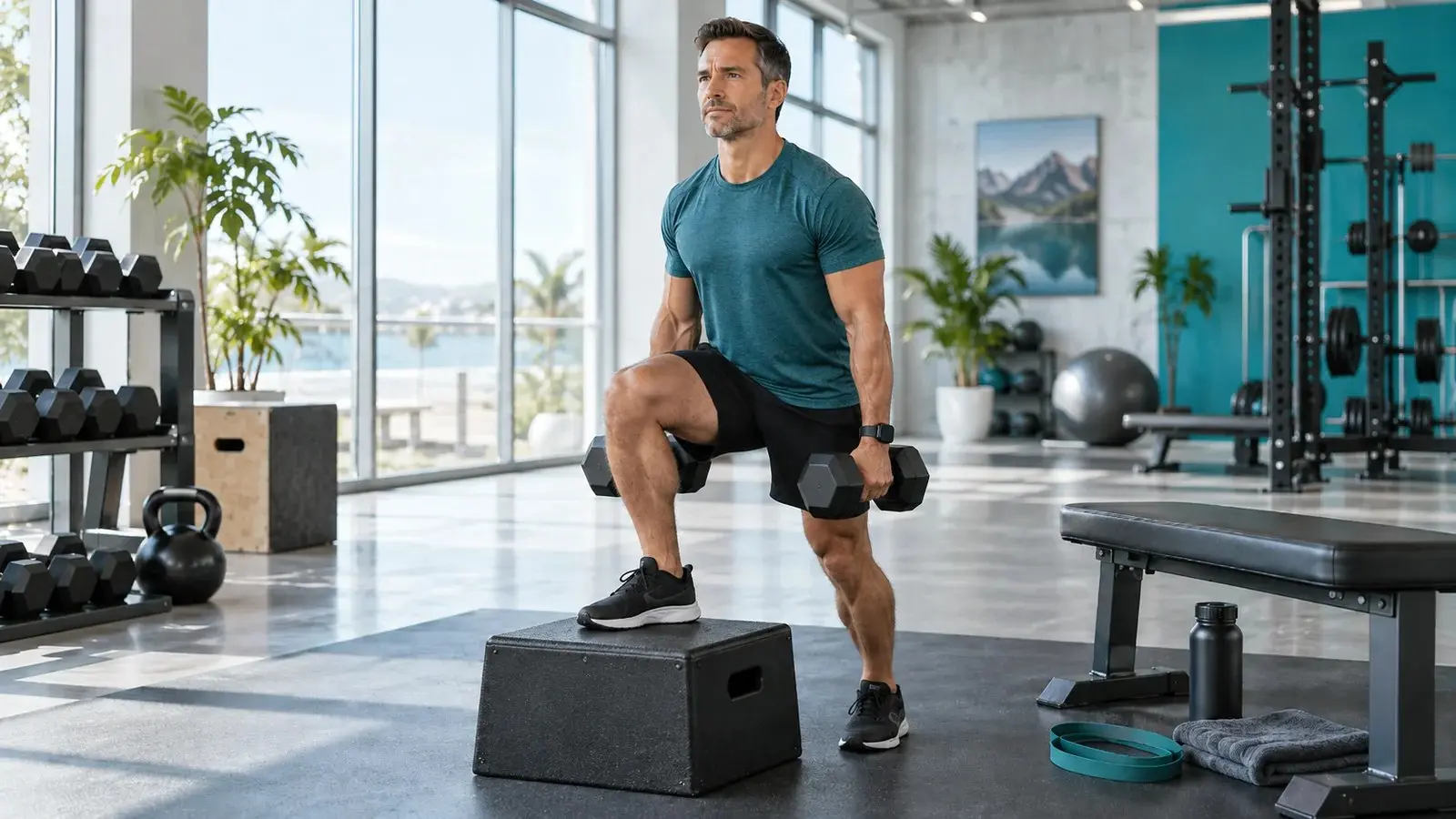 Sportlicher Mann führt einen Step-up mit Kurzhanteln auf einer stabilen Plattform aus