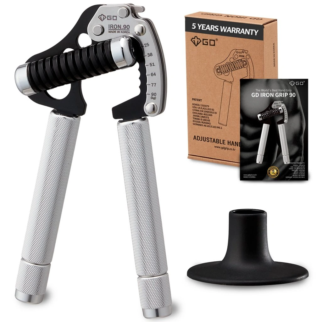 GD IRON GRIP EXT 90 mit verlängerten Metallgriffen, Verpackung und Standfuß