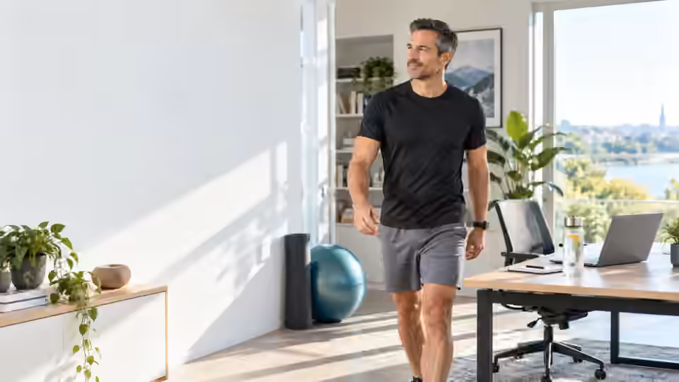 Fit man in his 40s wearing a black athletic shirt and gray shorts taking a movement break in a bright modern home office