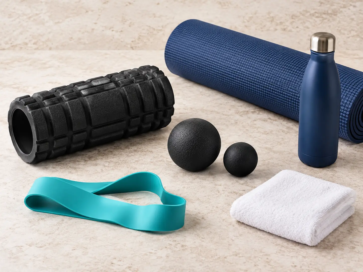 Neutrale Auswahl mit Faszienrolle, Massagebällen, Trainingsmatte, Widerstandsband und Trinkflasche