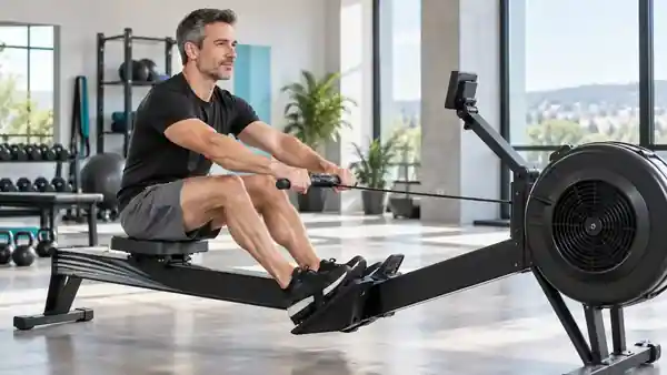 FitRecover-Markenfigur beim kontrollierten Rudern auf einem Indoor-Ruderergometer