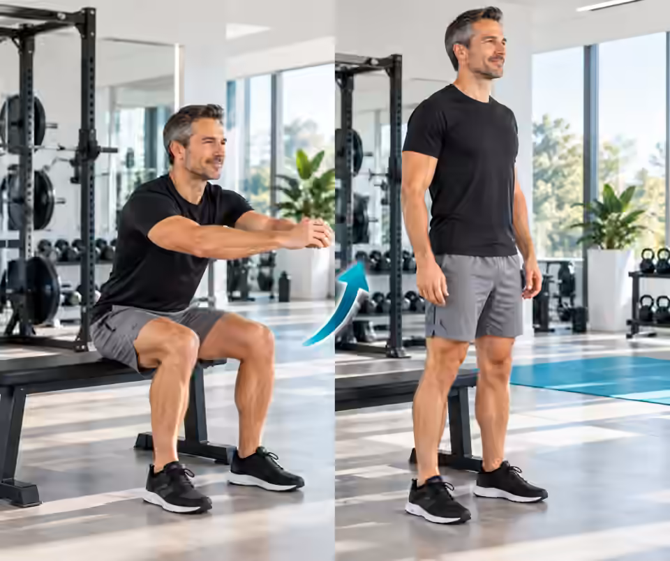 The same FitRecover man demonstrates a controlled sit-to-stand in a bright premium gym