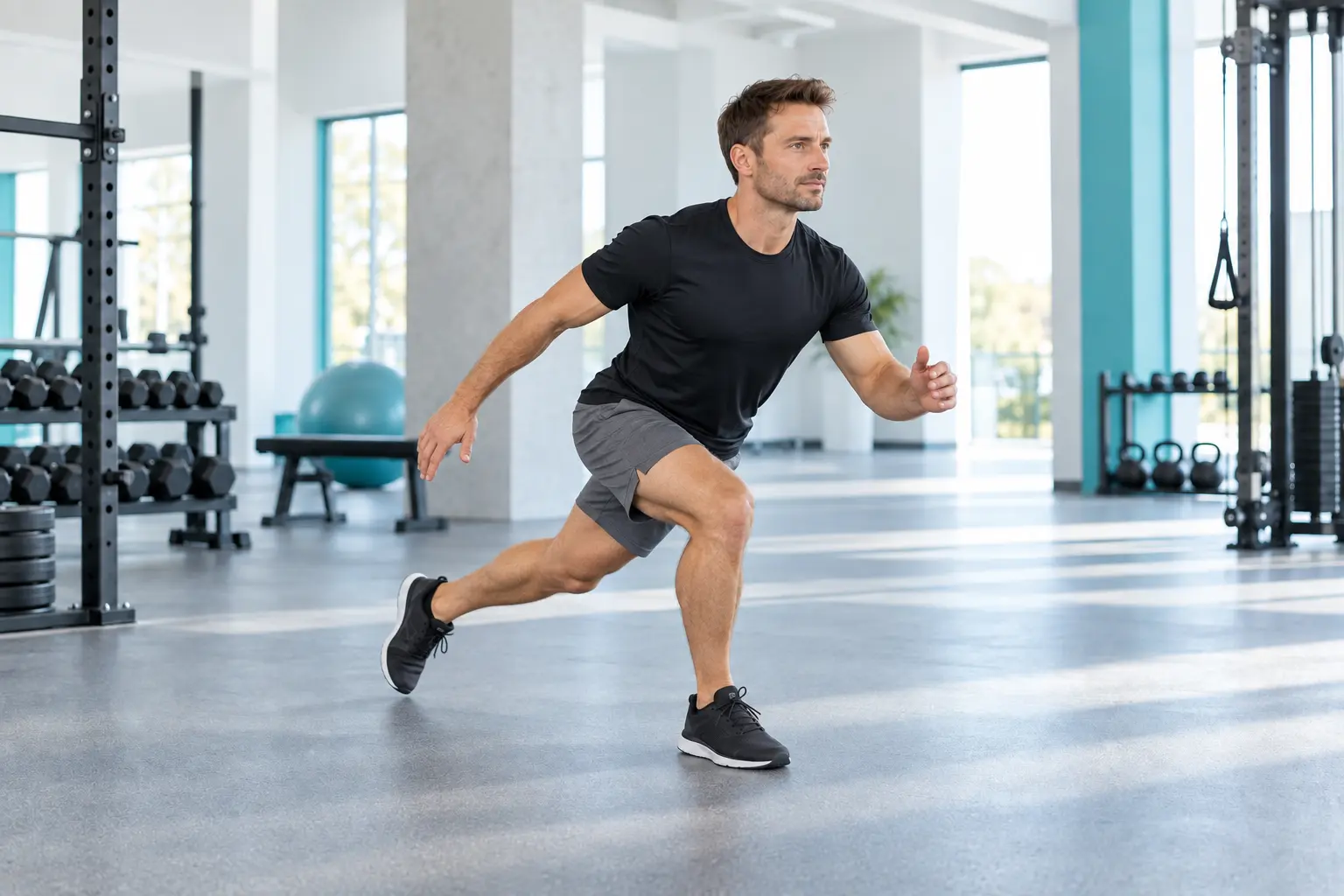 Seitlicher Skater-Schritt mit kontrolliertem Abfangen auf einem Bein