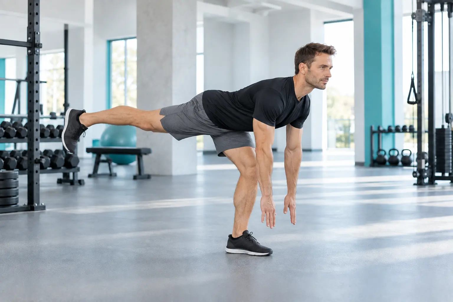 Einbeiniger Hip Hinge mit neutralem Rücken und nach hinten gestrecktem freien Bein