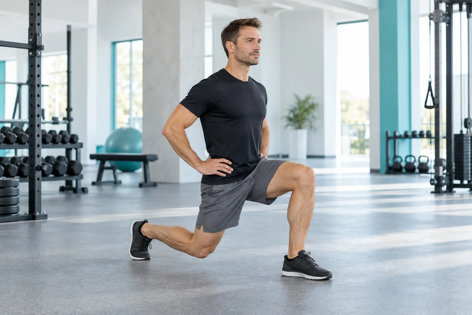 Mann demonstriert einen kontrollierten Split Squat im hellen Fitnessstudio