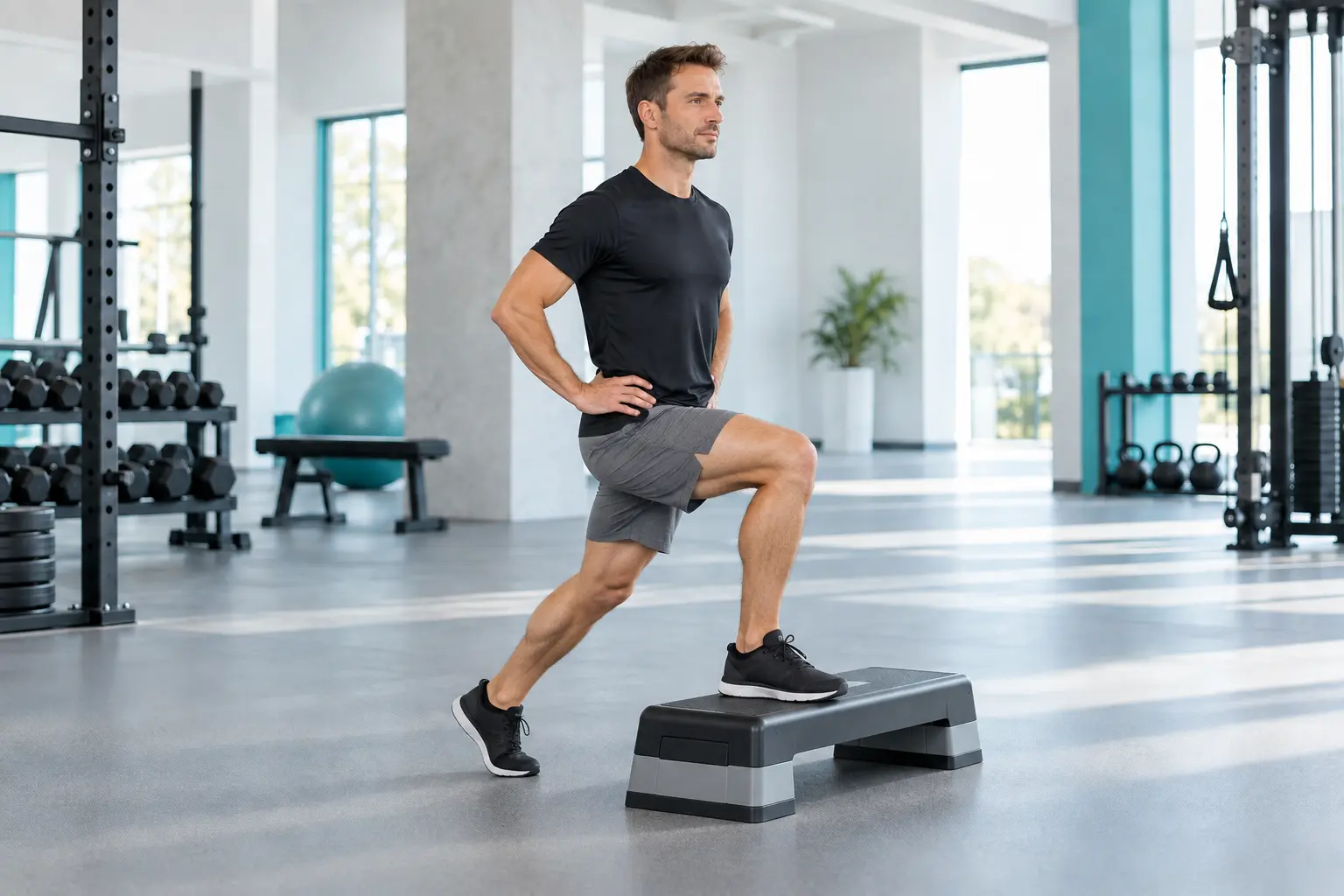 Step-up auf eine niedrige stabile Plattform mit langsamer Rückkehr