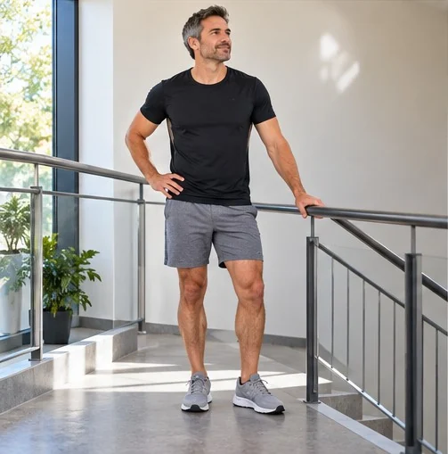 A man in sportswear pauses beside the handrail on a bright staircase
