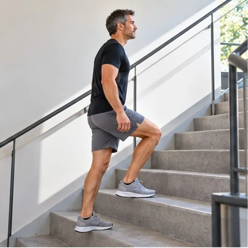 Illustration of climbing: a man places his foot securely on the next stair.