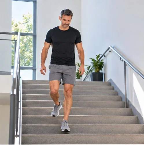 A man in sportswear descends a well-lit staircase attentively, looking at the steps