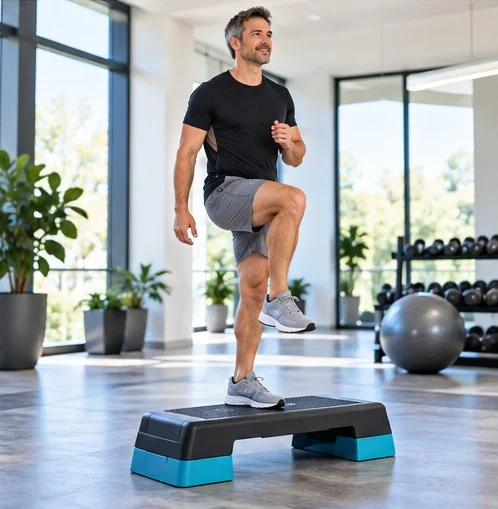 Illustration: a man performs a controlled step-up onto a low, stable platform in a bright gym