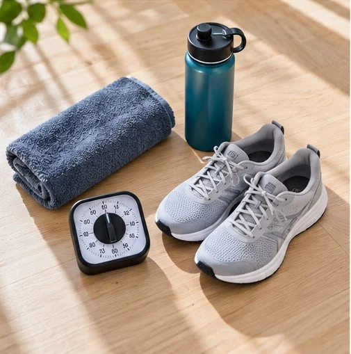 Training shoes, a water bottle, a towel and a timer lie on a light wooden table
