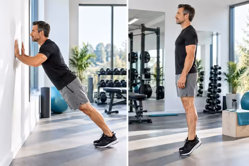 The same man demonstrates wall push-ups and calf raises in a bright premium gym