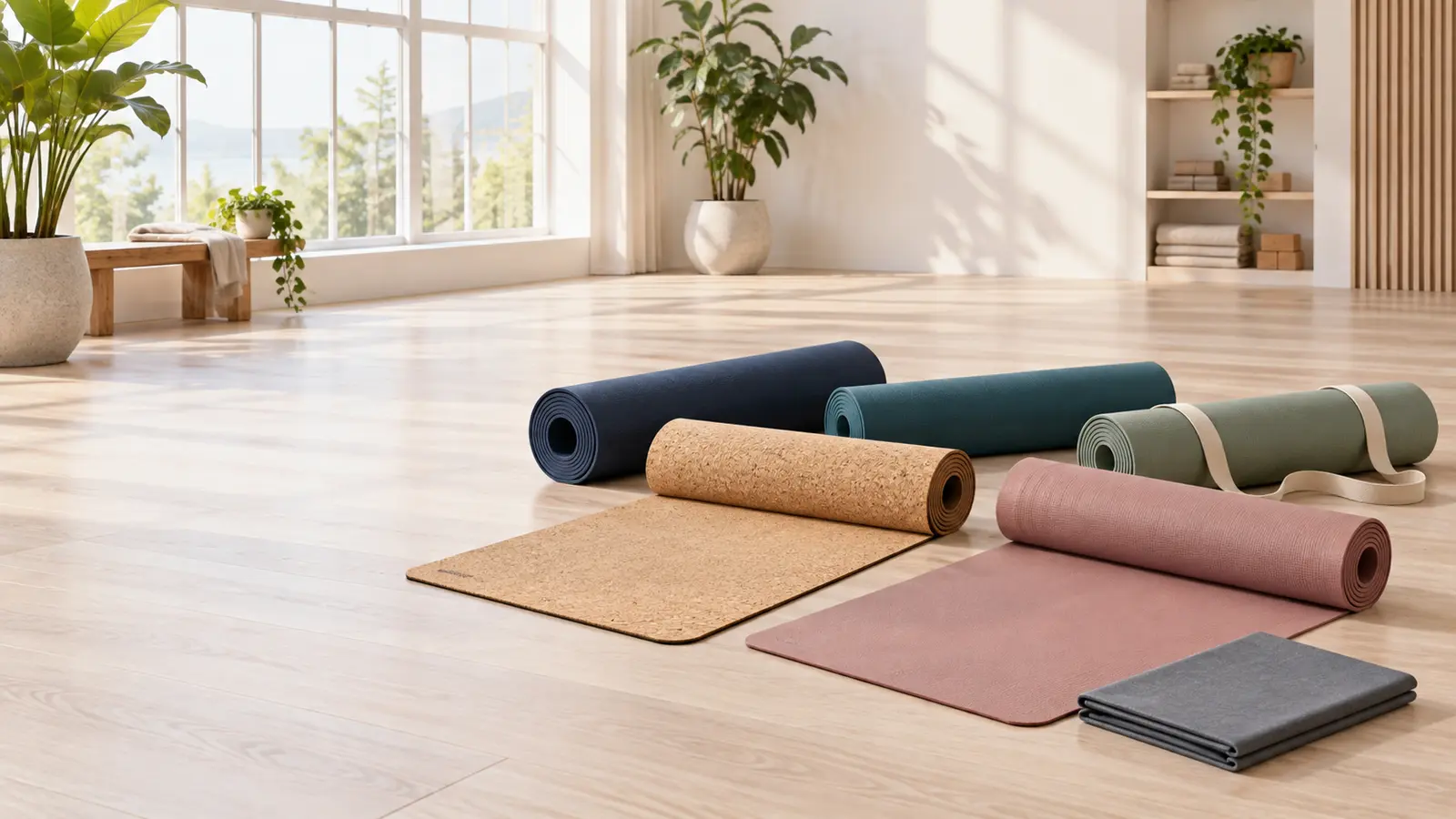 Verschiedene Yogamatten in ruhiger Studioatmosphäre